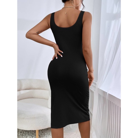 Square neck Ribbed Knit Split Thigh Tank midi Dress hot pink - Picture 3 of 15